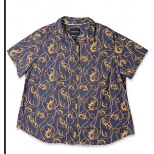 WILDFANG The Essential Button Up Shirt 2X Blue Gold Chain Baroque Print Cotton